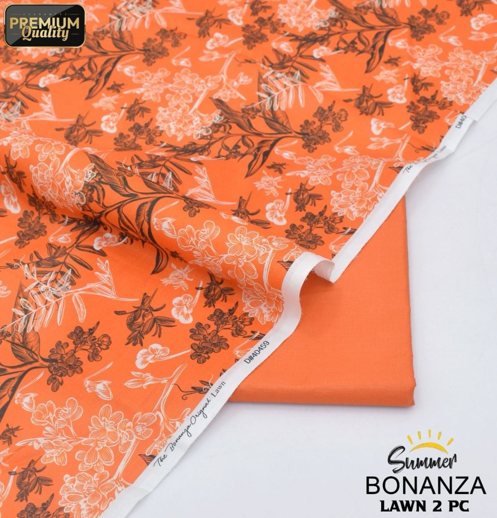 Bonanza 2 Piece Unstitched Lawn Suit in Orange with White and Brown Floral Print – Summer Lawn Fabric for Women