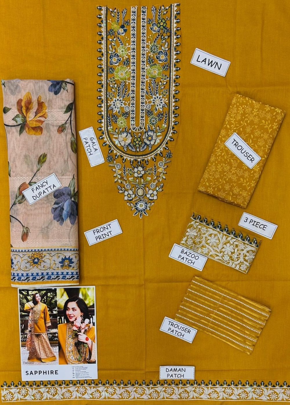 SAPPHIRE Unstitched Mustard Embroidered 3 Piece Lawn Suit - Image 2