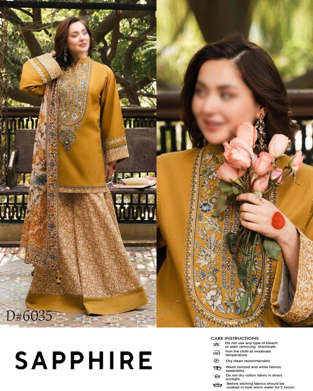 Model wearing SAPPHIRE mustard lawn suit featuring intricate embroidery