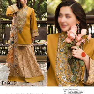 Model wearing SAPPHIRE mustard lawn suit featuring intricate embroidery
