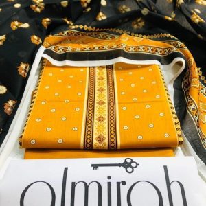 Almirah Design 10 – Mustard Printed Lawn Suit with Voil Dupatta and Dyed Trousers