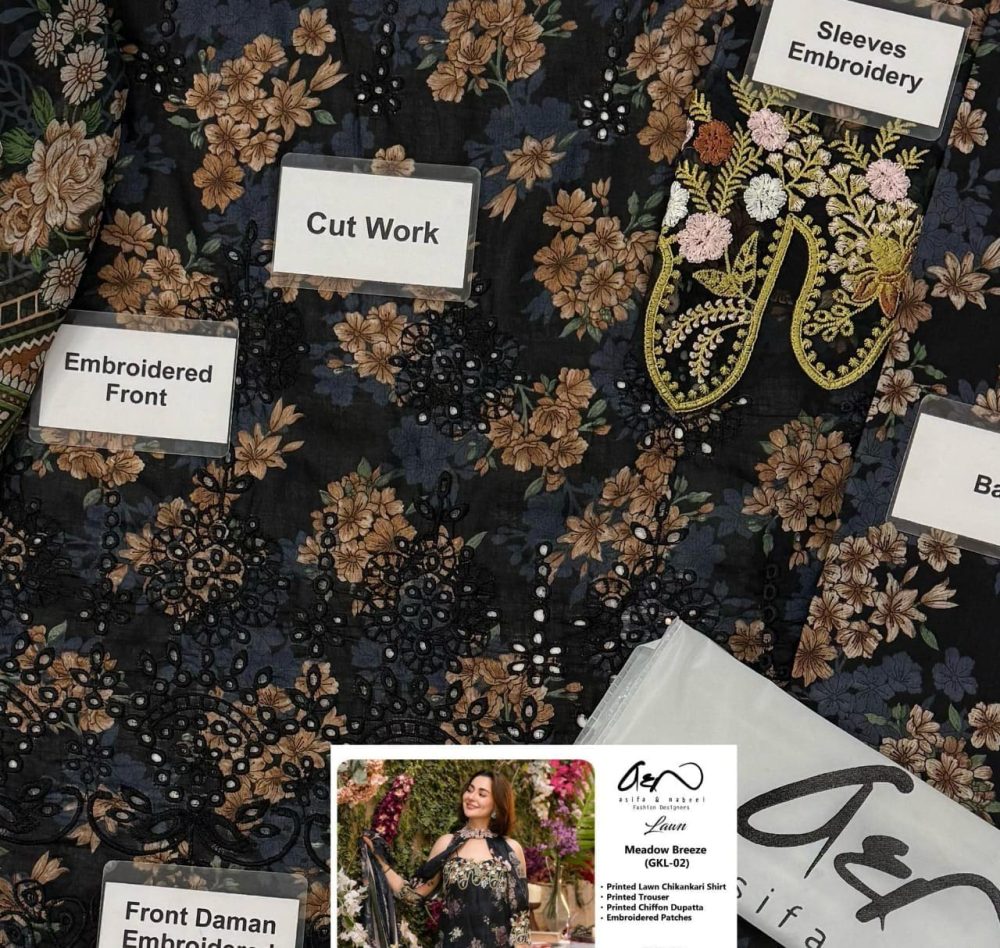 Asifa Nabil Unstitched 3 Piece Embroidered Lawn Suit with Chiffon Dupatta - Image 3