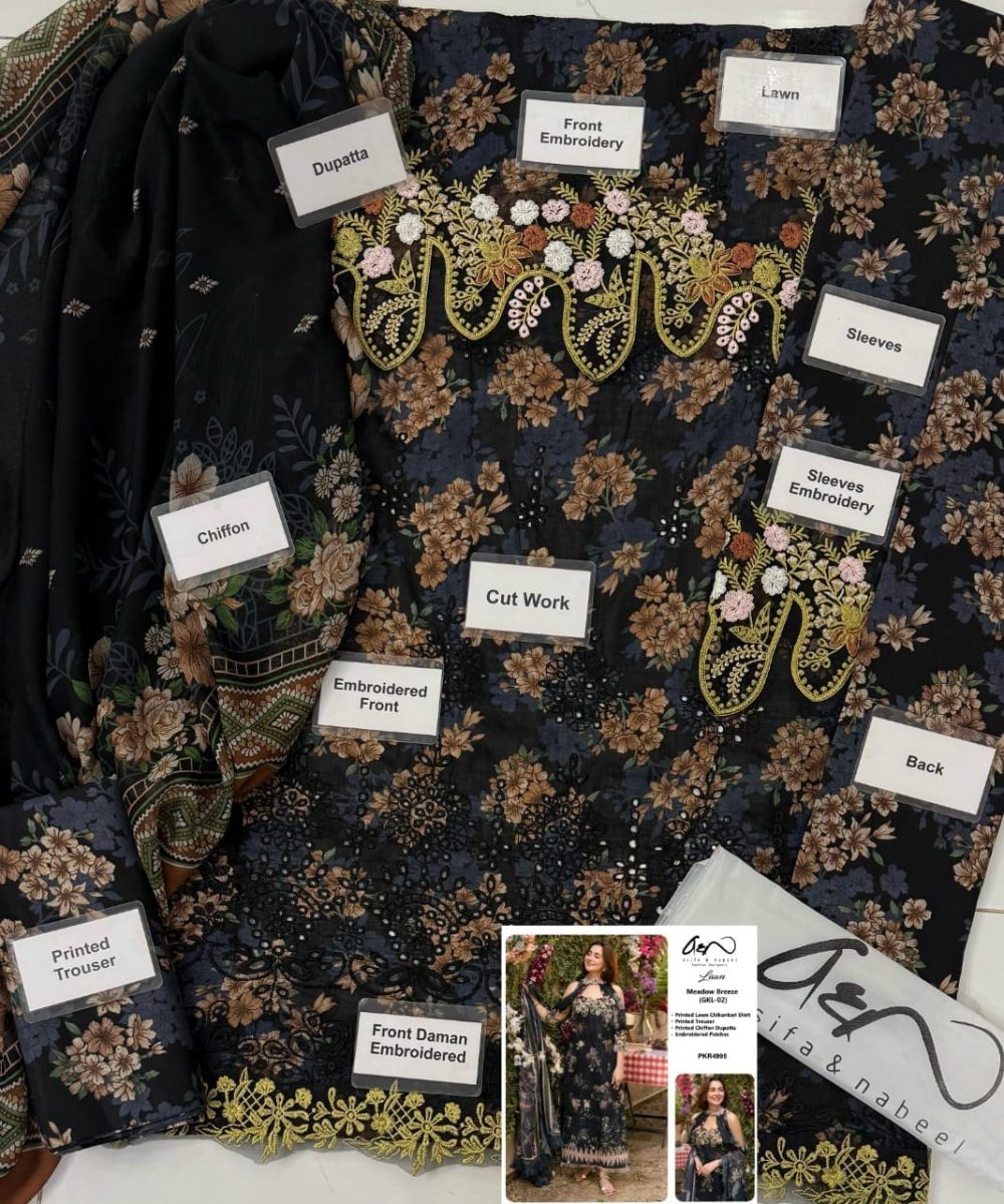 Asifa & Nabil Breeze GKL02 – Front view of printed and embroidered lawn shirt with neckline patch