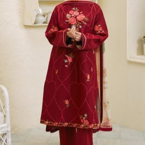 Model wearing COCO by Zara.J crimson red embroidered lawn suit with floral detailing and Tarkashi dupatta – Summer 2025