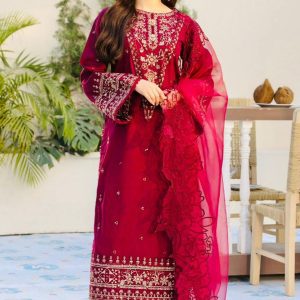 Model wearing Qalamkar red embroidered 3-piece lawn suit with khaadi net dupatta – Summer Casual Collection 2025
