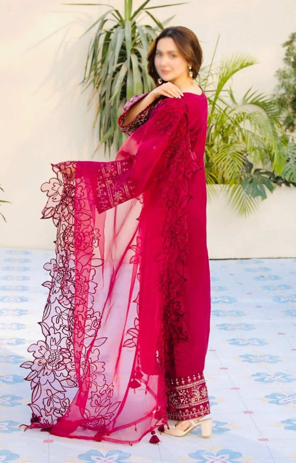 Model back look Qalamkar red embroidered 3-piece lawn suit with khaadi net dupatta – Summer Casual Collection 2025
