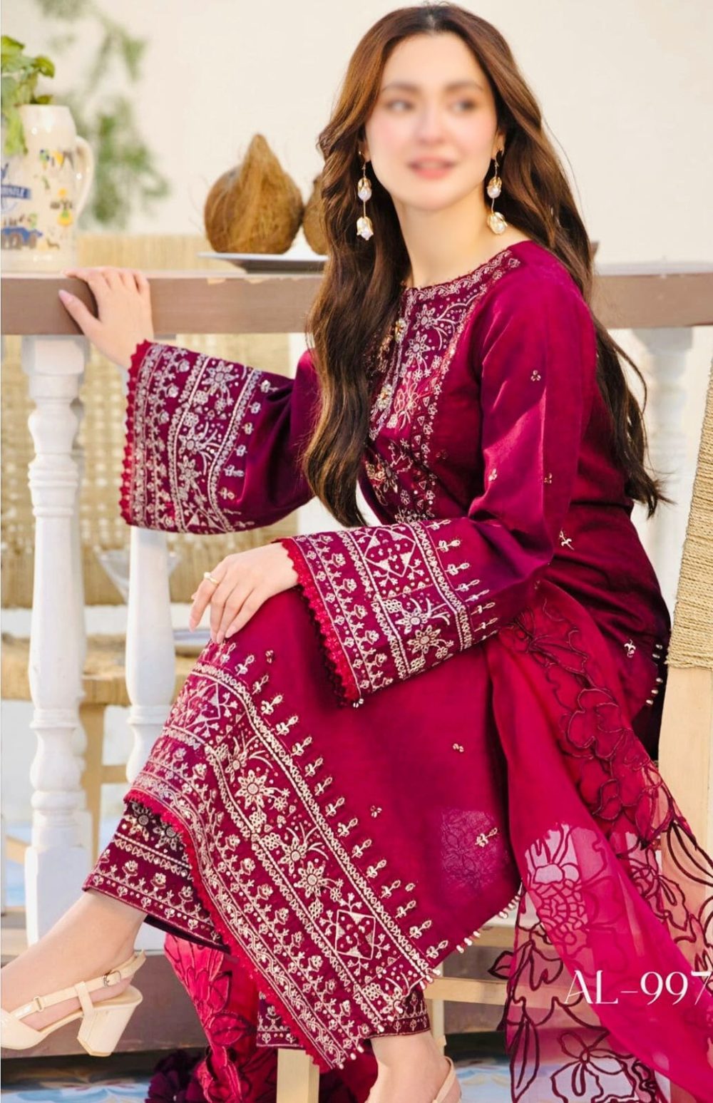 Qalamkar – Embroidered Unstitched Red Airjet Lawn Suit Net Dupatta - Image 3