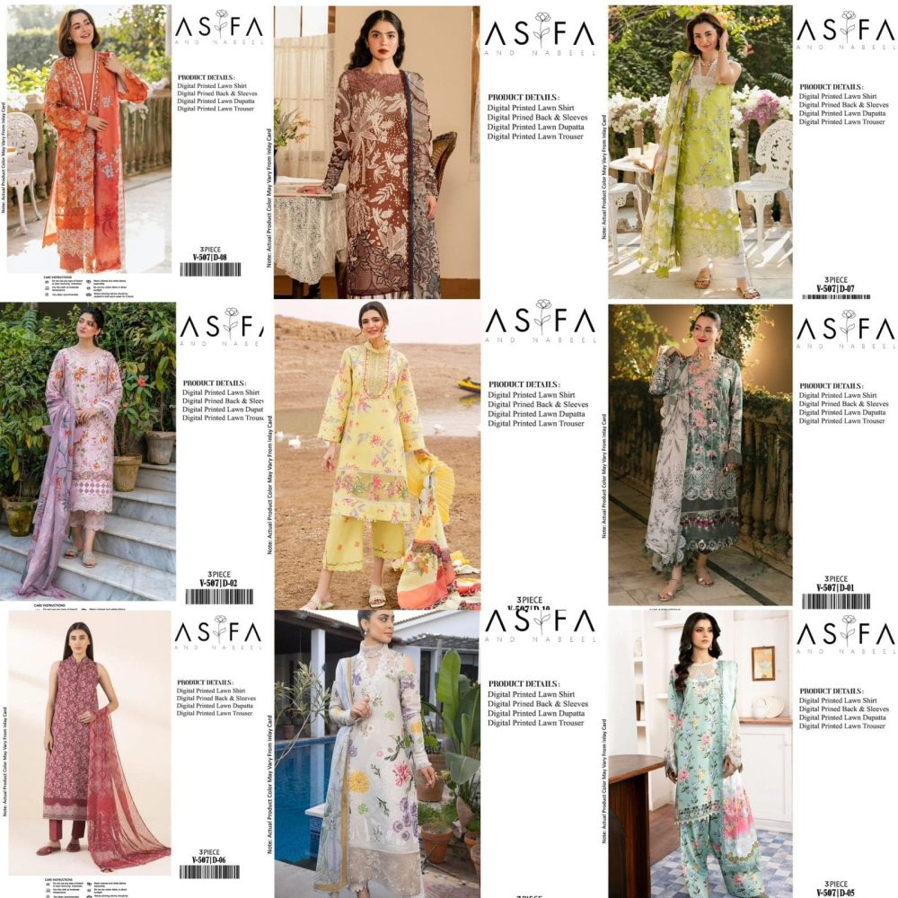 Asifa & Nabeel embroidered 3-piece lawn suits with digital print, zari detailing, and voile dupatta – Summer Collection