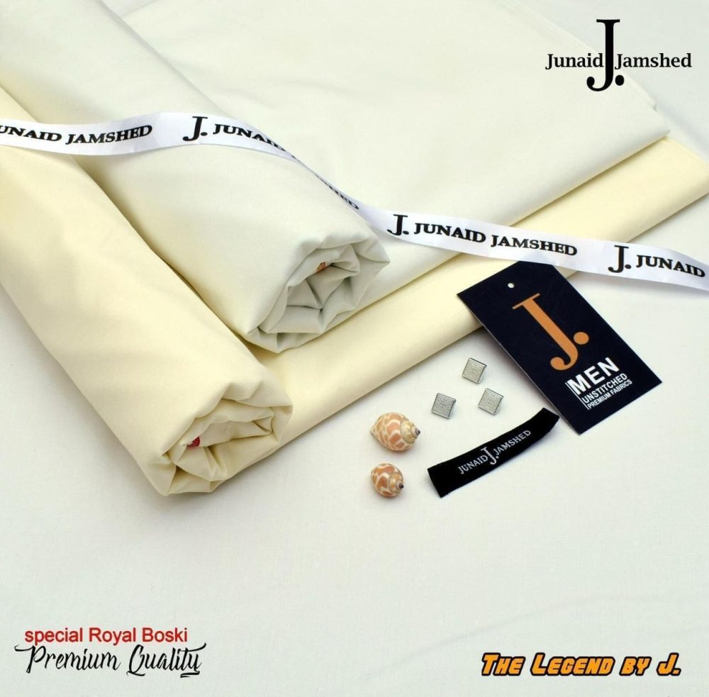J. Junaid Jamshed Micro Fiber Boski Fabric in Pearl White and Boski Cream – 4 Meter
