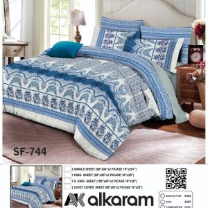 Alkaram blue king size bedsheet in premium cotton for double bed.