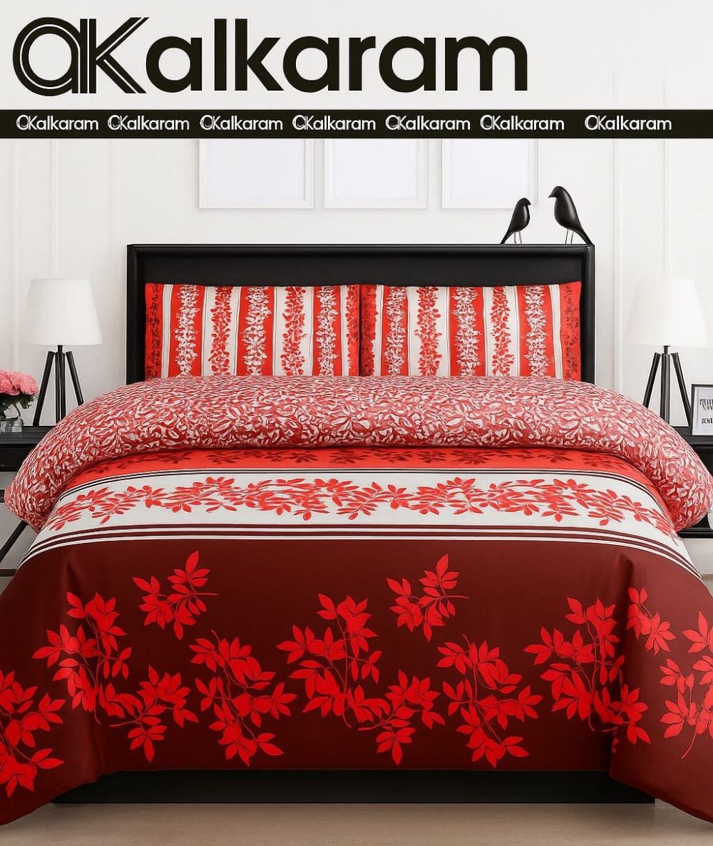 Alkaram red cotton bed sheet set with floral print and matching pillow covers