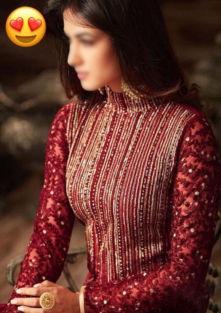 Close-up of model wearing embroidered chiffon maxi suit showing neckline and upper bodice details