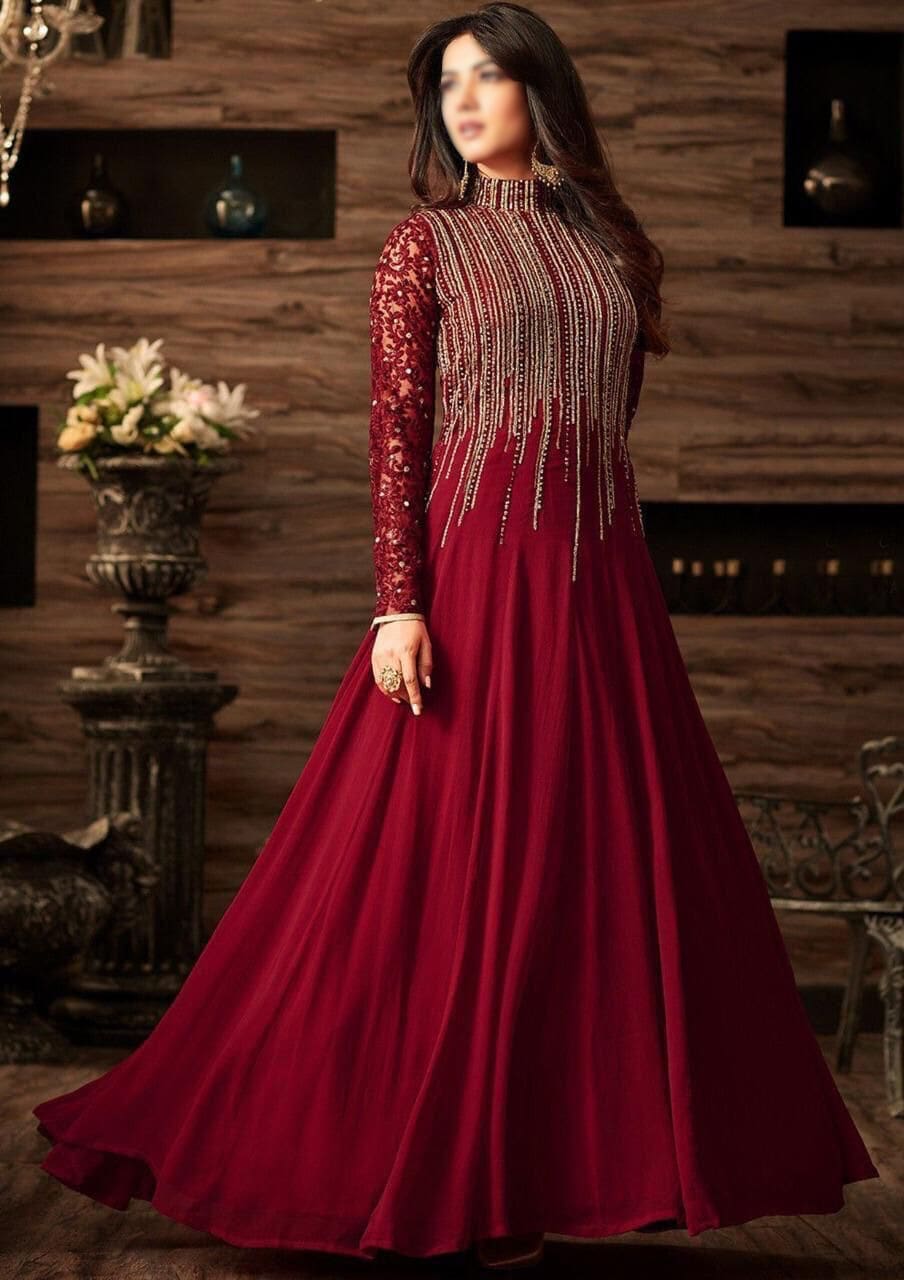 model wearing embroidered chiffon maxi suit showing details