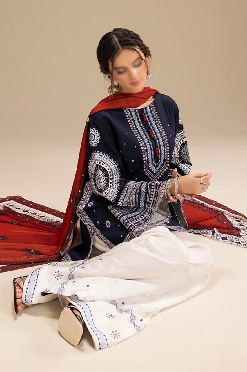 Jazmin 3 Piece Embroidered Lawn Suit with Heavy Front and Sleeves – Digital Monark Dupatta