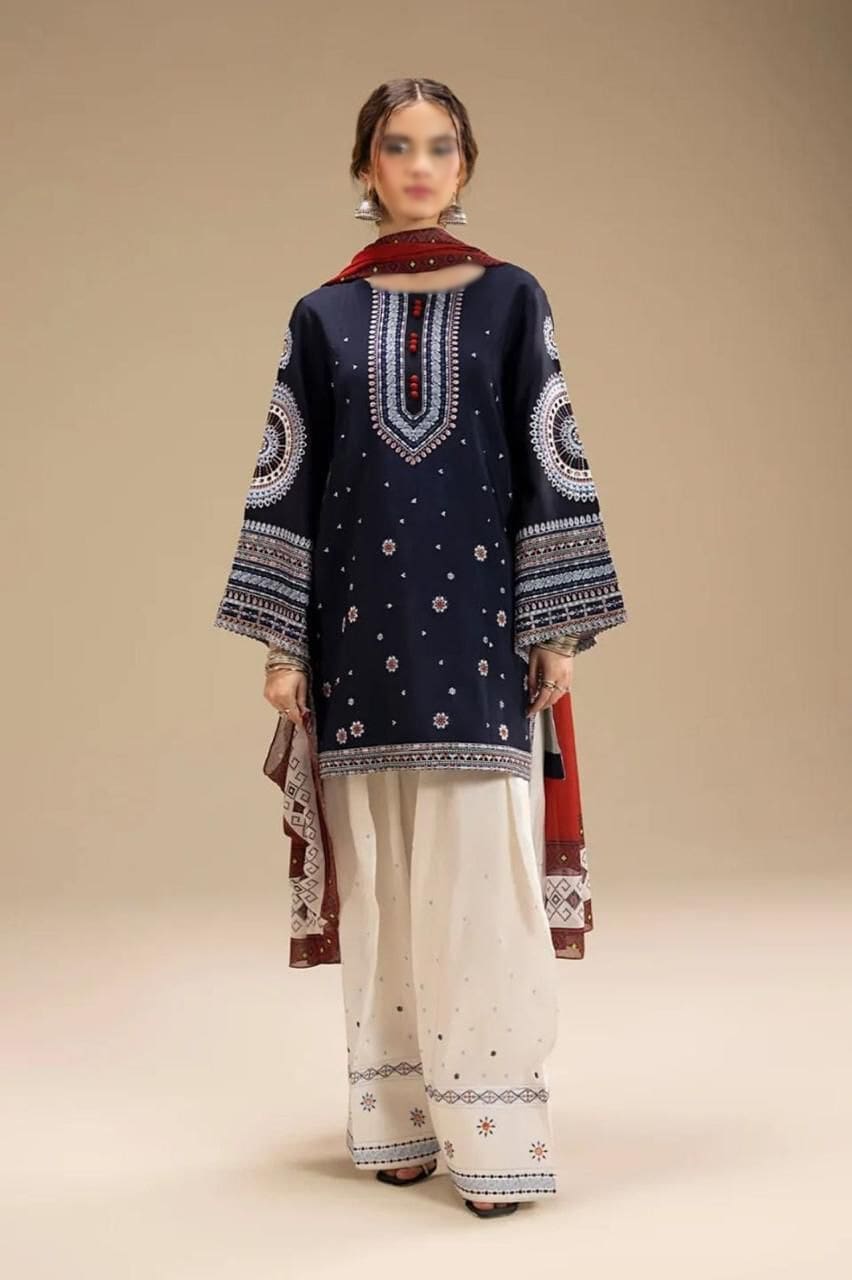Jazmin Embroidered Lawn Suit with Monark Dupatta – Front Full View on Model