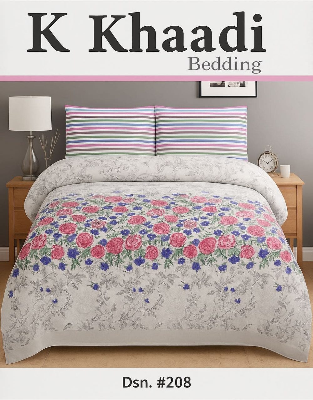 Khaadi Design 208 multicolor cotton bed sheet with red, pink, and blue floral print and striped pillow covers