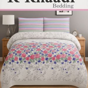 Khaadi Design 208 multicolor cotton bed sheet with red, pink, and blue floral print and striped pillow covers