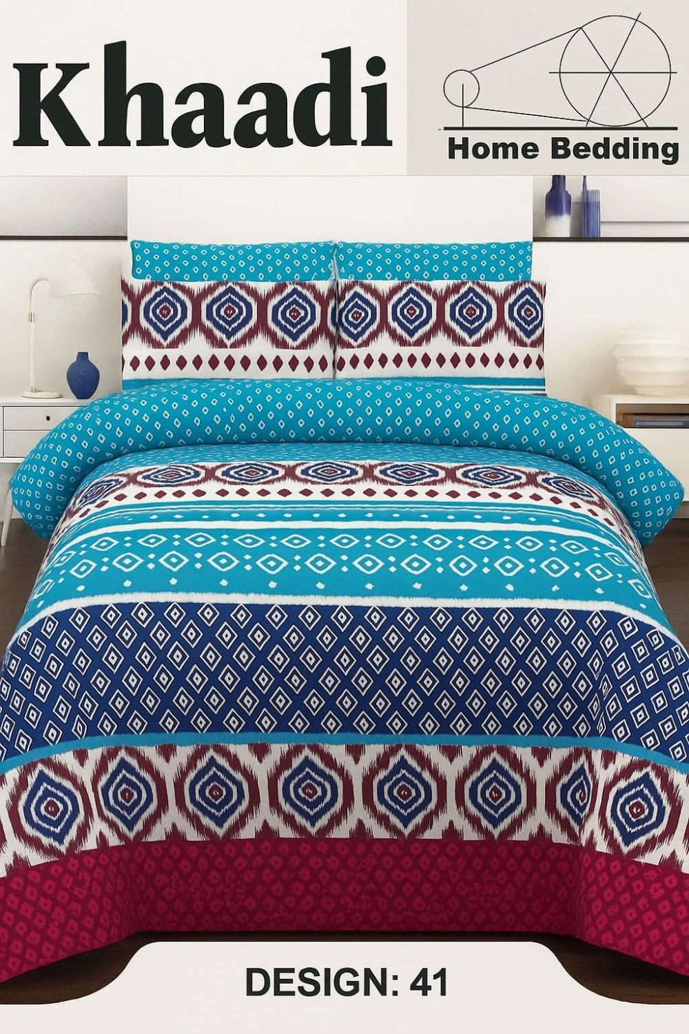 Khaadi multicolor 3-piece cotton bed sheet with pillow covers in blue, navy, and mehroon tones