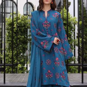 Laam Blue Embroidered Lawn 3-Piece Suit with Bamber Chiffon Dupatta – Summer Collection