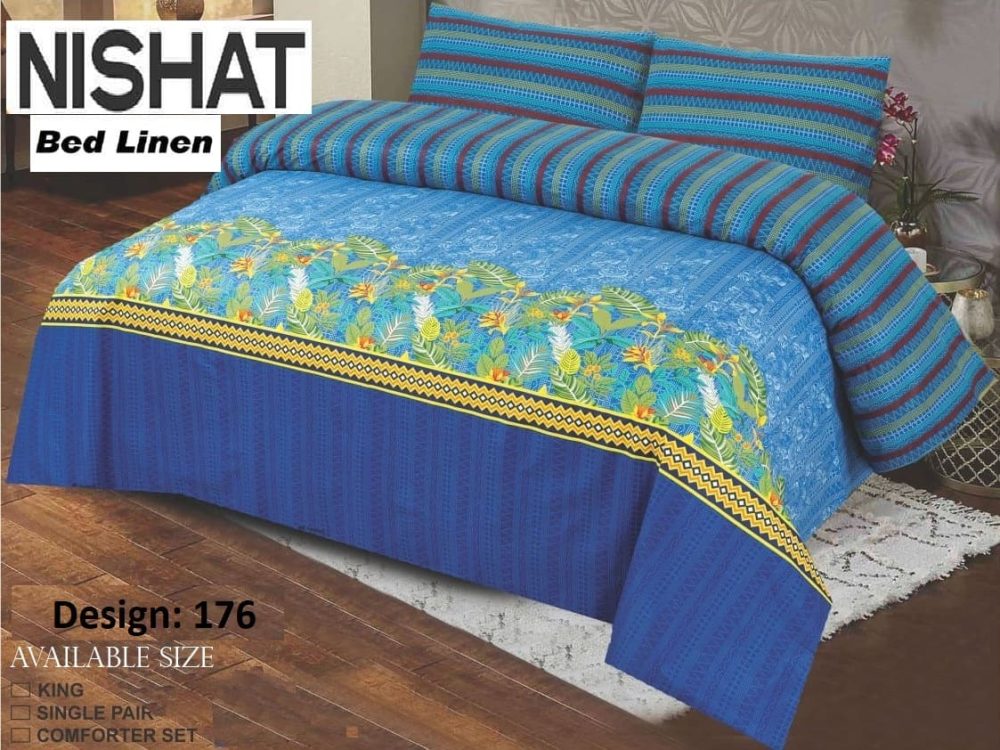 Nishat 3 piece cotton bed sheet set with blue base and tropical floral border