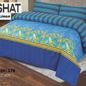 Nishat 3 piece cotton bed sheet set with blue base and tropical floral border
