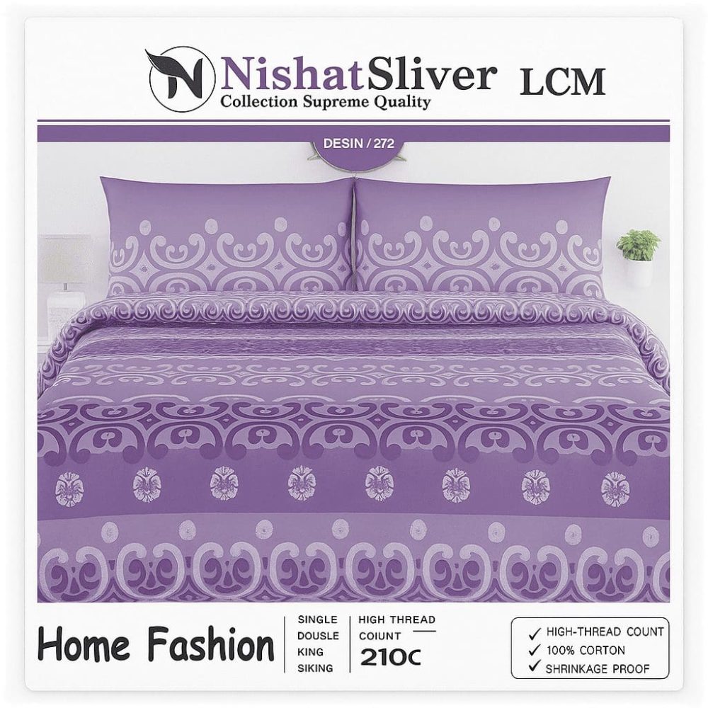 Nishat Sliver Design 272 bed sheet set in purple and white with ornamental pattern and matching pillow covers