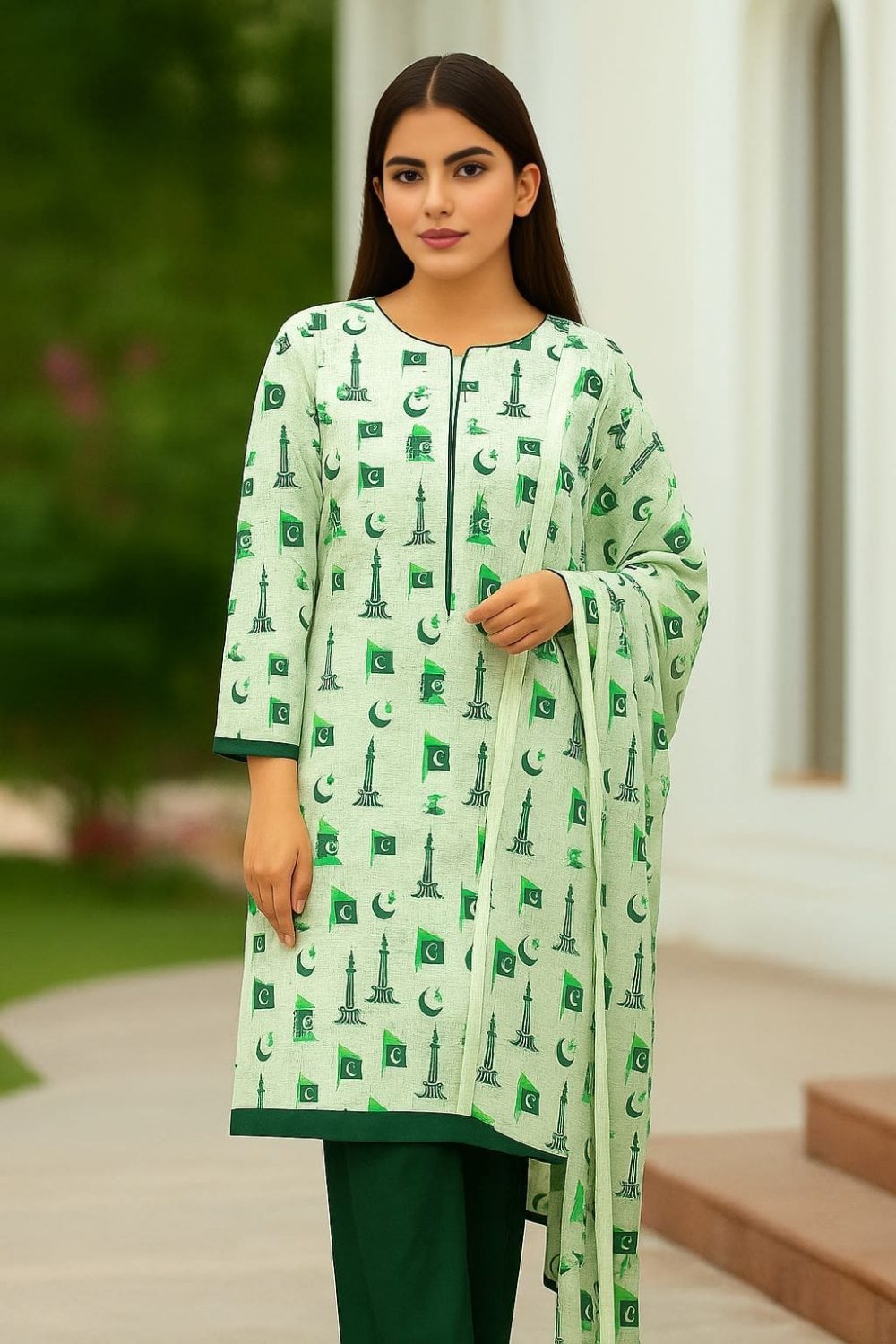 14 August Unstitched 2 Piece Lawn Suit Green White - Image 5