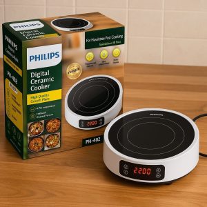 Philips PH-402 Digital Ceramic Cooker with Crystal Plate on Wooden Table – Box and Product Displayed