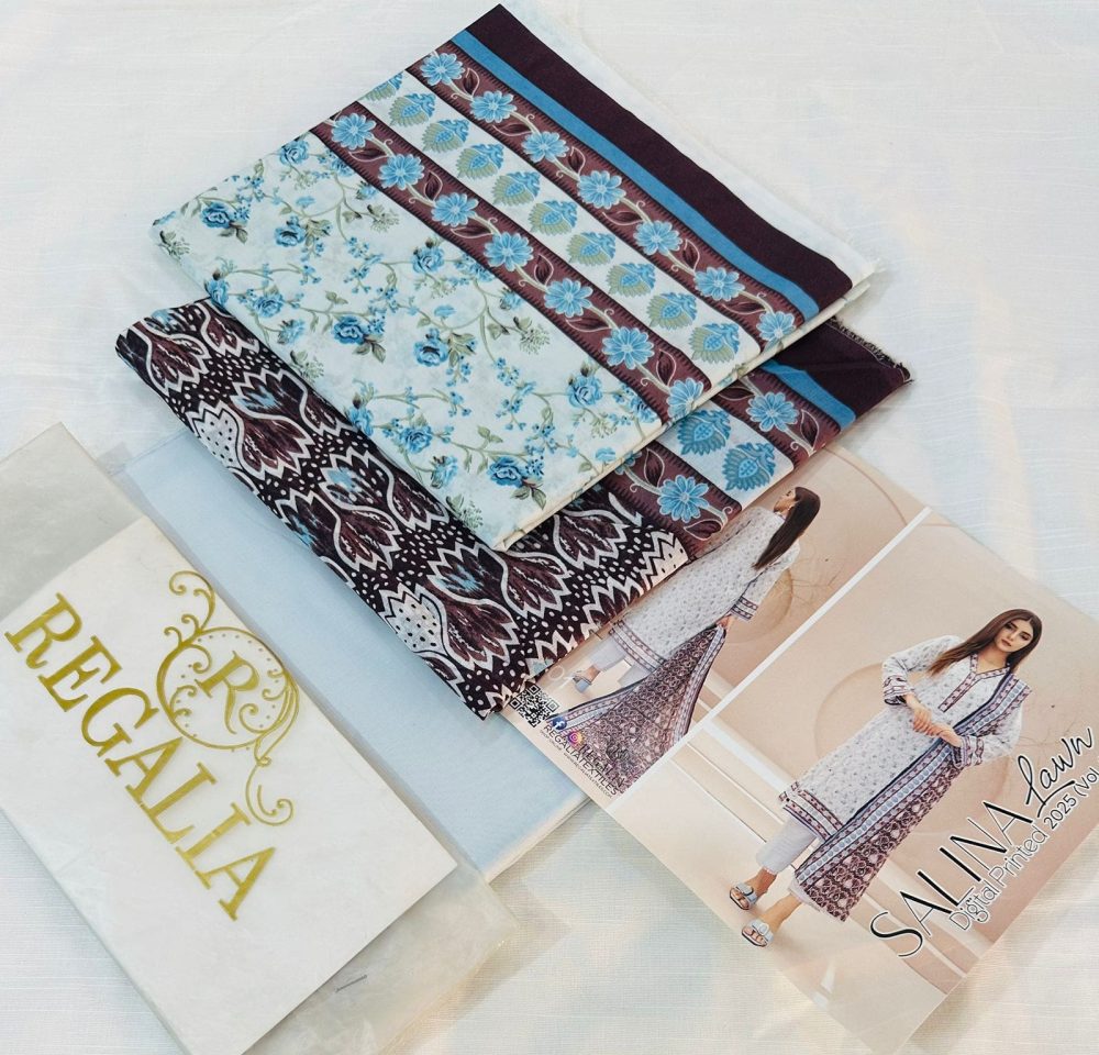 Safina Regalia Design 01 – Ferozi Brown Printed 3 Piece Lawn Suit with Lawn Dupatta (Unstitched 2025 Collection)