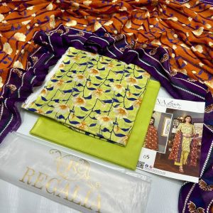 Safina Regalia Design 05 – Light Yellow Printed 3 Piece Lawn Suit with Lawn Dupatta (Unstitched Summer 2025 Collection)