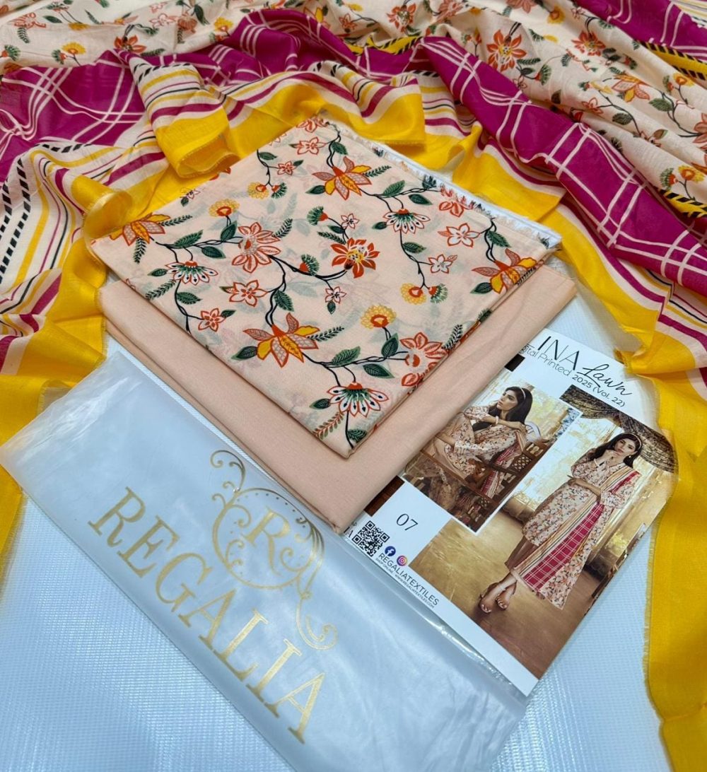 Safina Regalia Design 07 – Tea Pink Printed 3 Piece Lawn Suit with Lawn Dupatta (2025 Unstitched Collection)