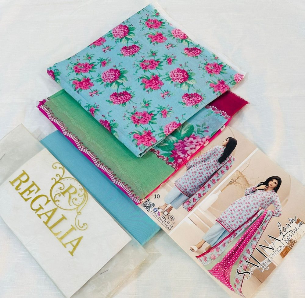 Safina Regalia Design 10 – Ferozi Green Printed 3 Piece Lawn Suit with Lawn Dupatta (Unstitched – 2025 Collection)