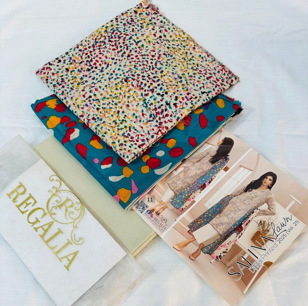 Safina Regalia Design 11 – Cream & Ferozi Printed 3 Piece Lawn Suit with Lawn Dupatta (Unstitched – 2025)