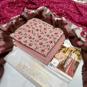 Safina Regalia Design 12 – Light Pink Floral Lawn Suit with Mehroon Dupatta – 3 Piece Unstitched (2025 Collection)