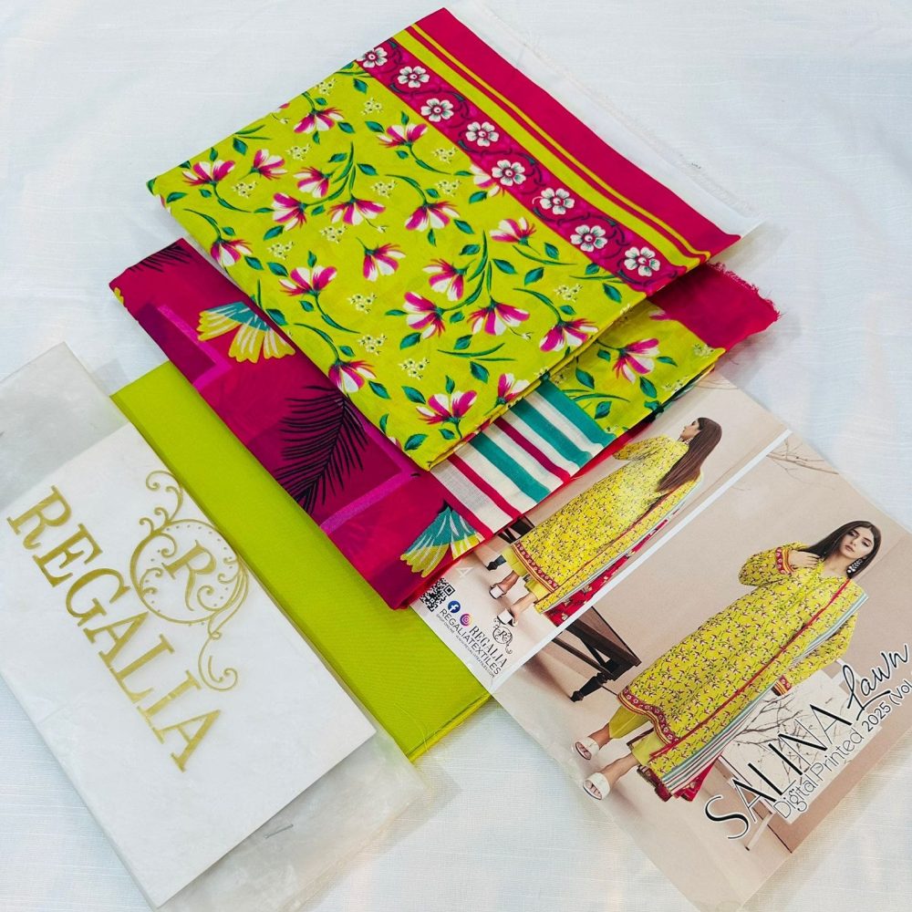 Safina Regalia Design 24 – Yellow Printed 3 Piece Lawn Suit with Lawn Dupatta (Unstitched 2025 Collection)