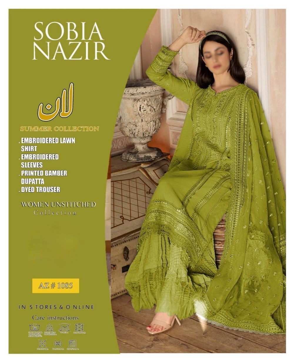 Sobia Nazir 3 Piece Embroidered Lawn Suit with Bamber Chiffon Dupatta – Code 1085