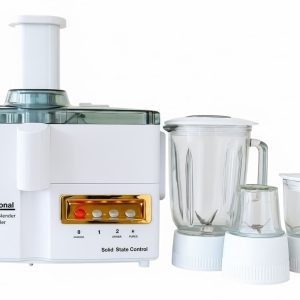 National 4-in-1 Juicer Blender Grinder Machine with copper motor, 3 glass jars on a kitchen countertop – sold by BazarPKR with 5-year warranty and free shipping