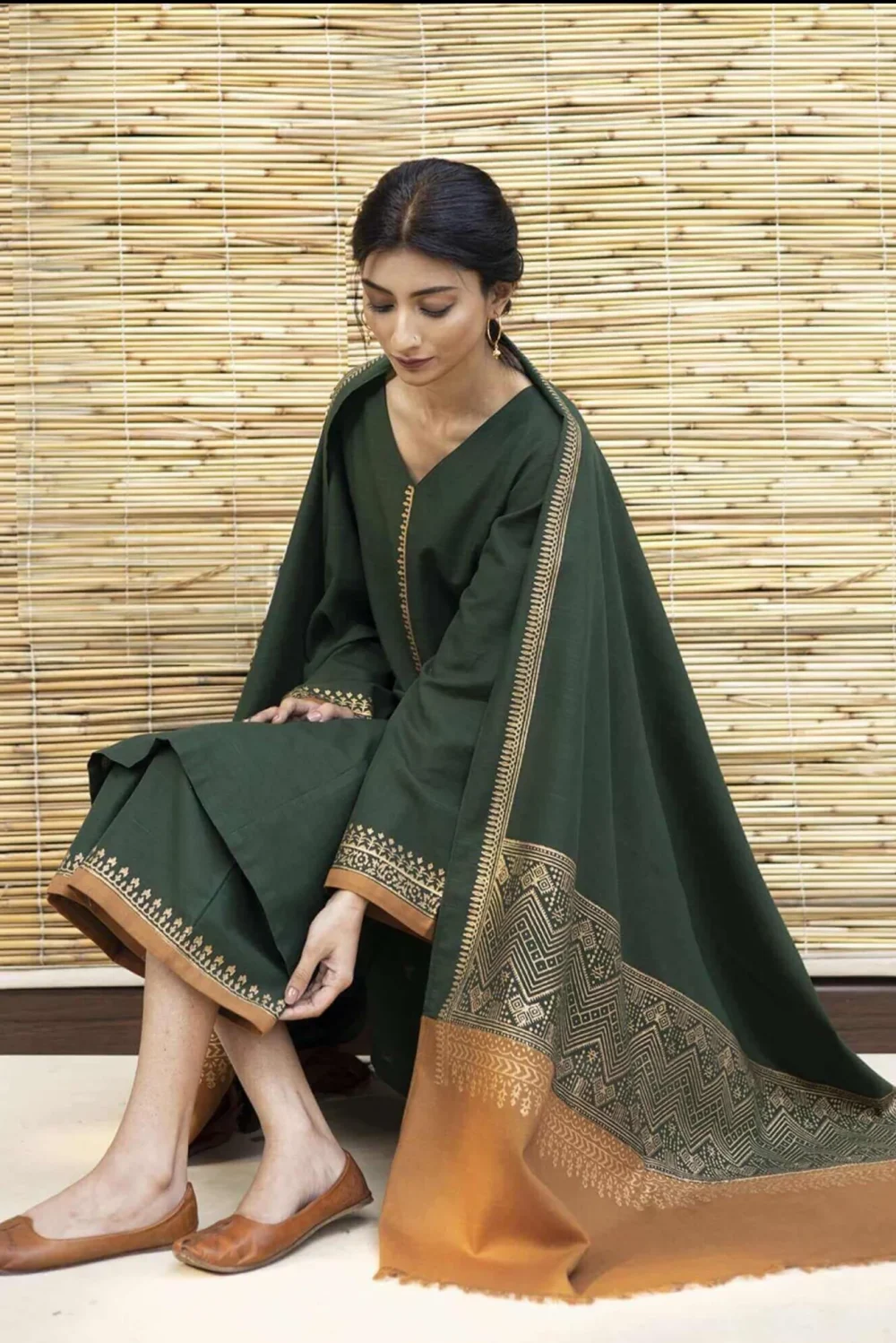 Green embroidered Dhanak 3 piece suit with wool dupatta – Winter Collection 2025
