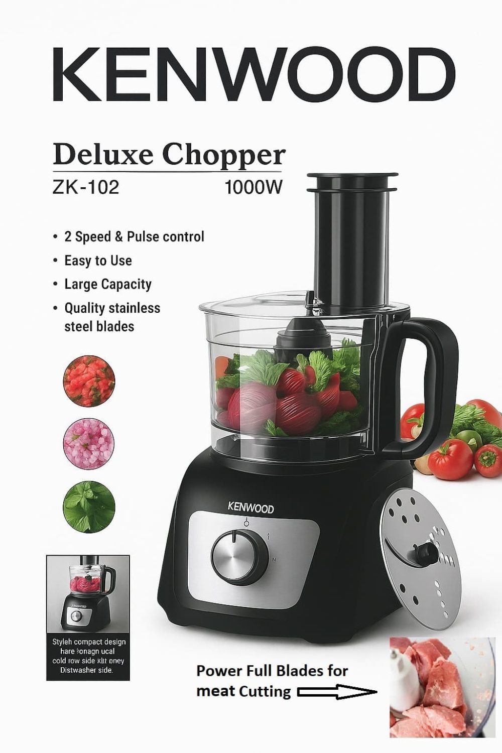 Kenwood Deluxe Electric Chopper ZK-102 with Stainless Steel Blades – 1000W, Meat Cutter