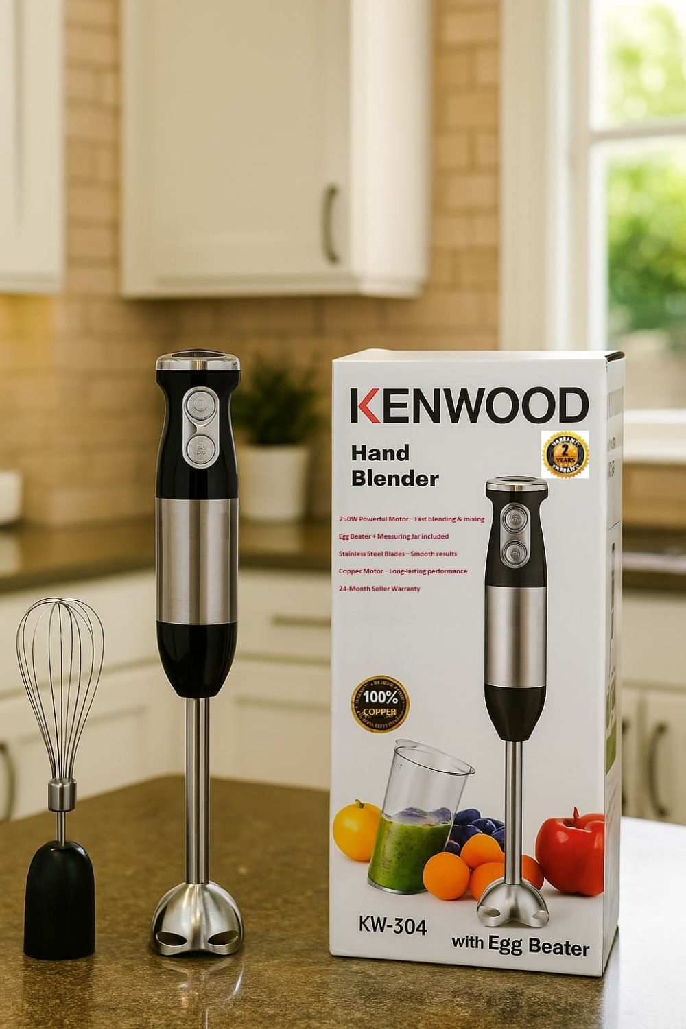 Kenwood KW-304 Hand Blender 750W with Egg Beater and Plastic Jar – Stainless Steel Blades