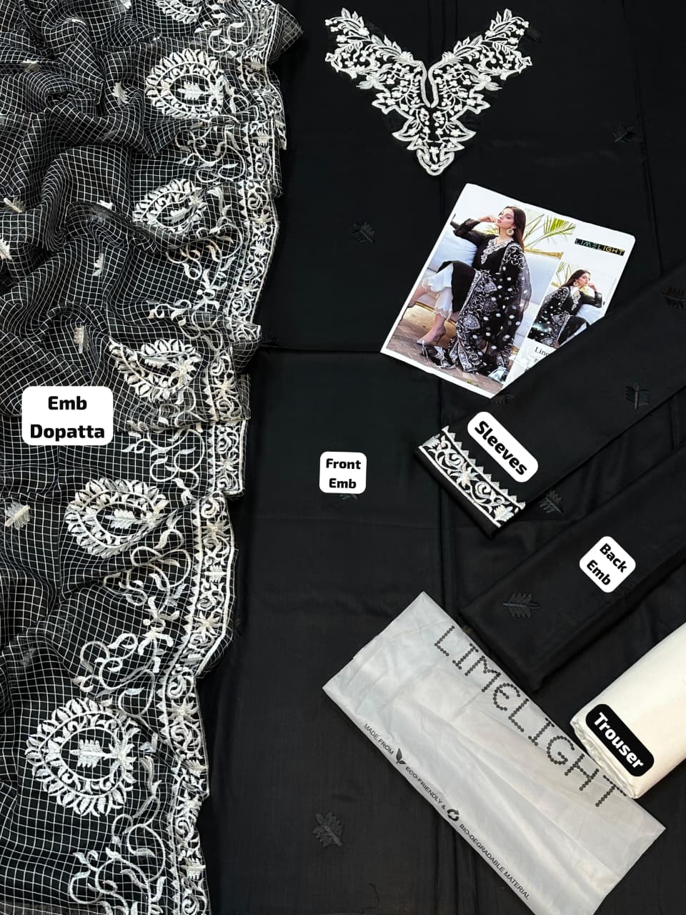 Limelight embroidered linen suit with organza dupatta detail