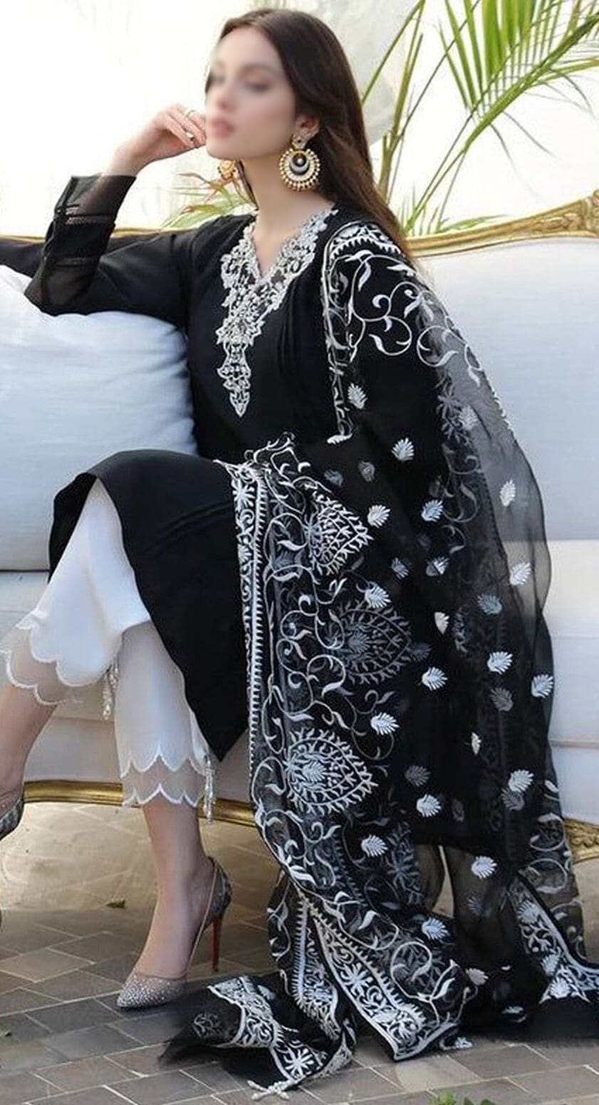 Limelight embroidered linen suit with organza dupatta