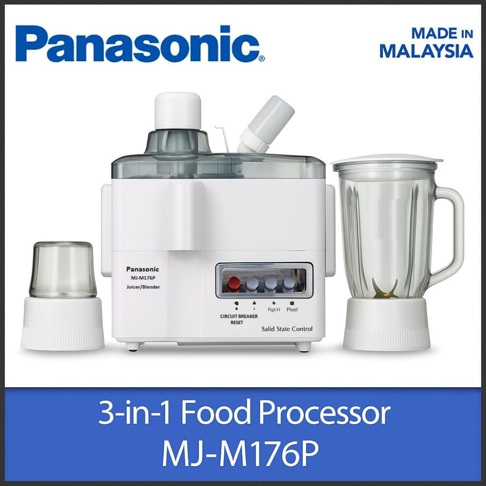 Panasonic MJ‑M176P 3‑in‑1 Juicer Blender Grinder – Made in Malaysia, Stainless Steel Spinner, Glass Jar