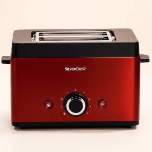 SilverCrest 2 Slice Toaster in red with electronic browning control and bun warming rack