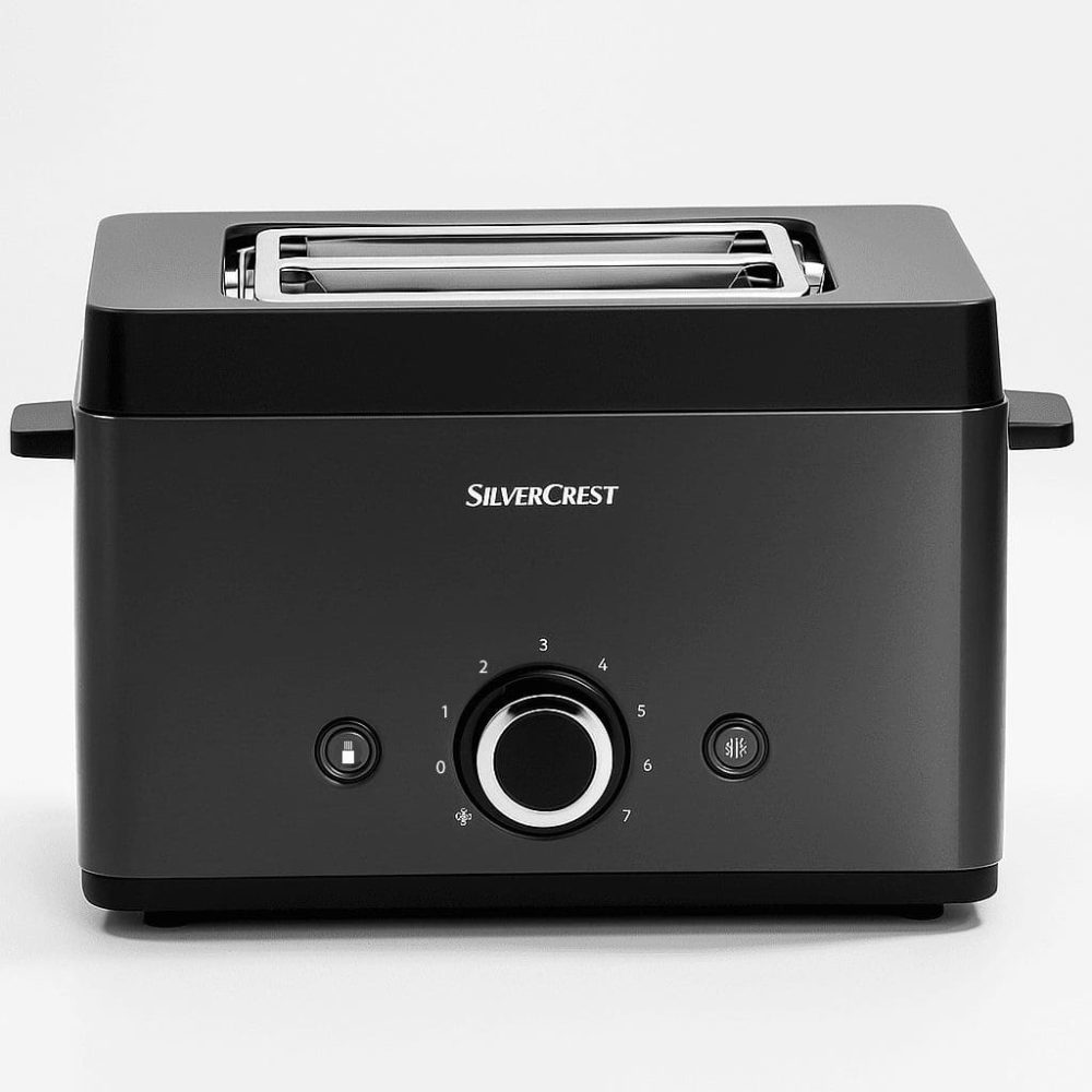 SilverCrest 2 Slice Toaster in black with electronic browning control and bun warming rack