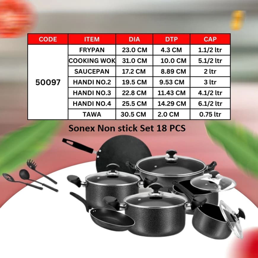 Sonex Elegant Nonstick Cookware Set 18 Pcs Black with Frypan, Wok, Saucepan, Handi, Tawa, and Spoons
