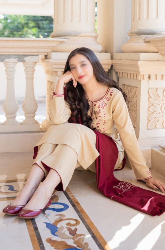ASLING 3 Piece Winter Dhanak Suit with Embroidered Shawl – Code 7206 - Image 2
