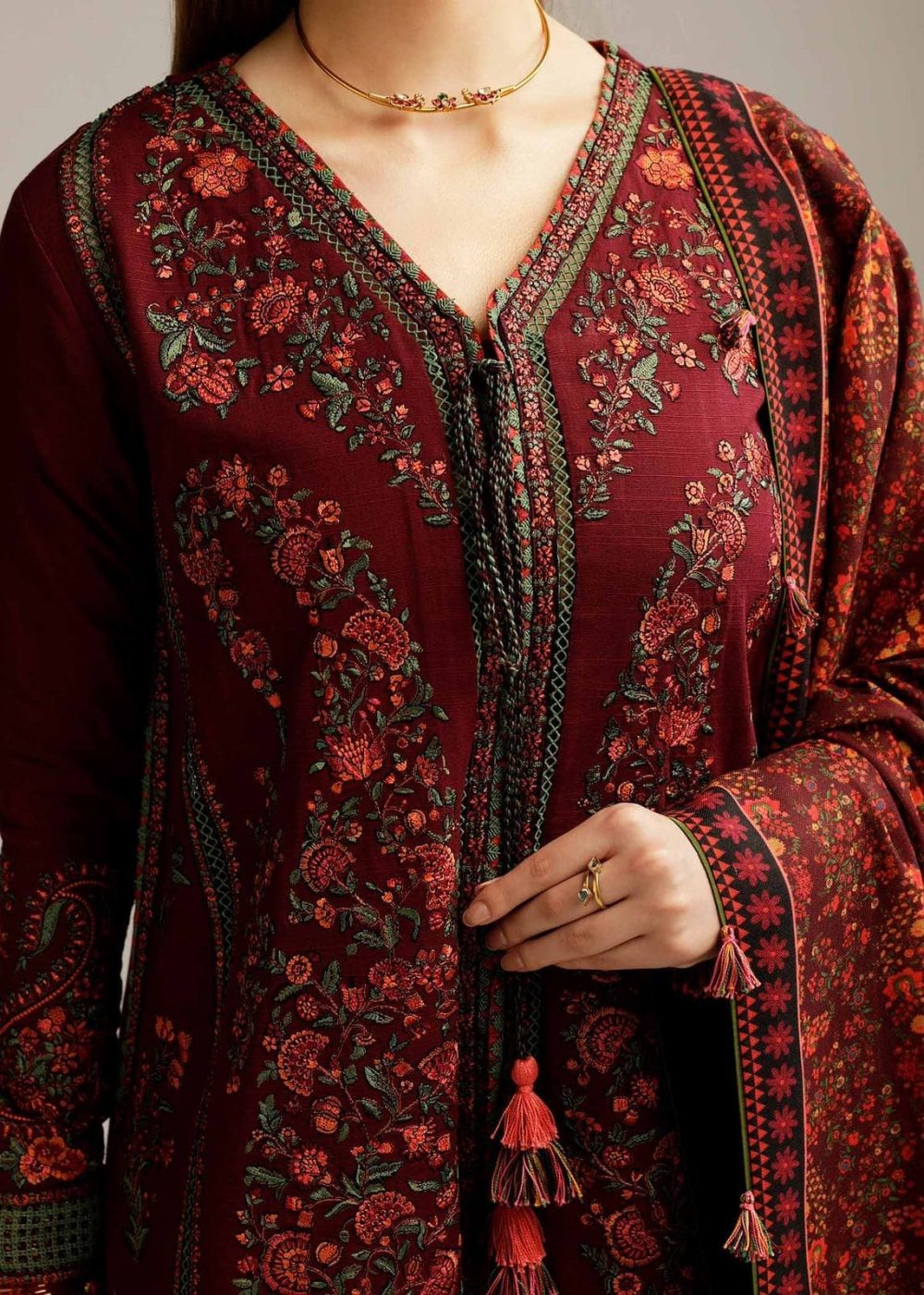 Ramsha Winter Collection – 3 Piece Embroidered Pure Wool Dhanak Suit (Code 5018) - Image 4