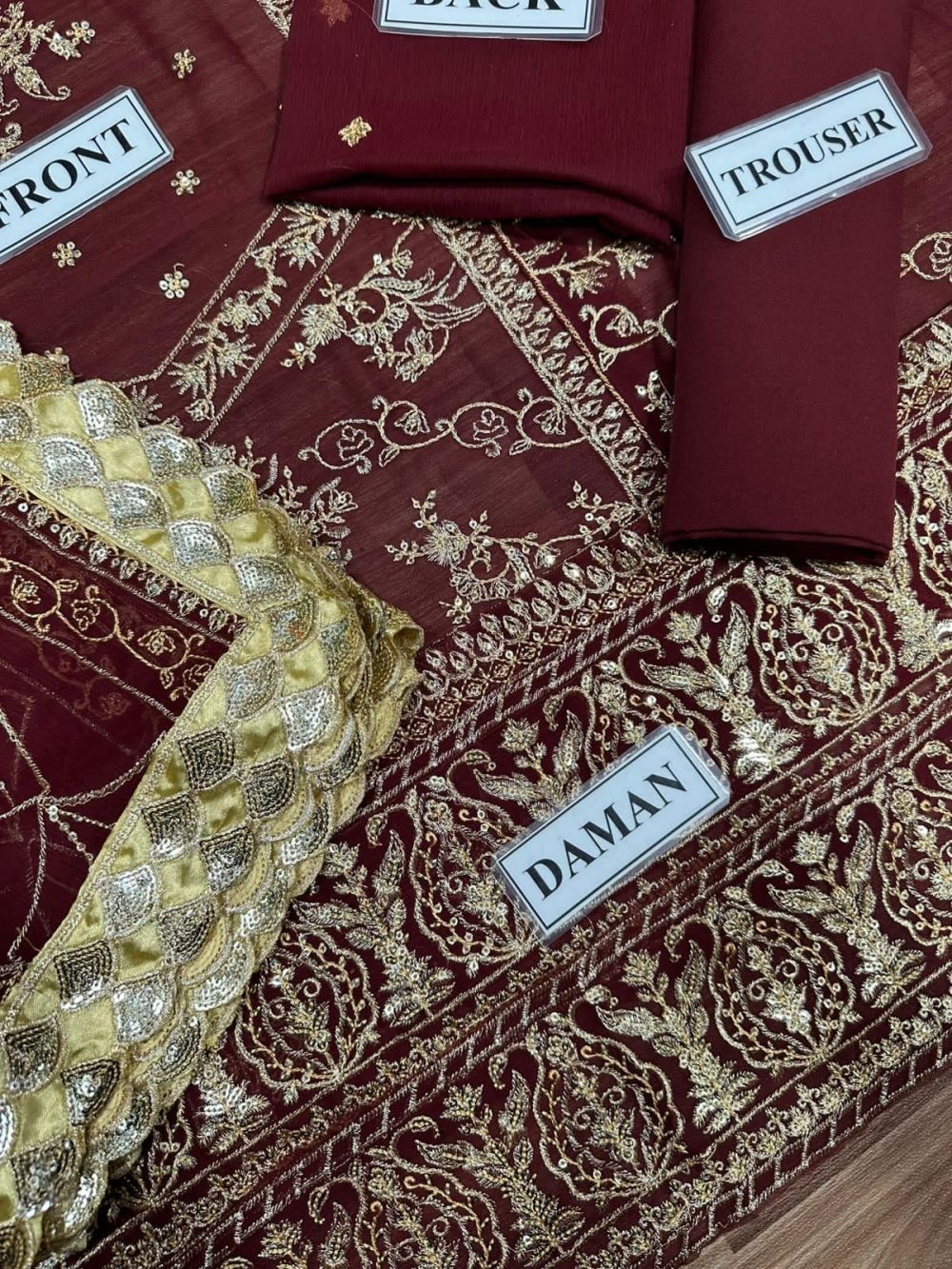 Asim Jofa – Unstitched Maroon Chiffon Replica Suit with Malai Trouser - Image 5