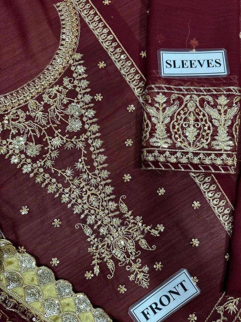Asim Jofa – Unstitched Maroon Chiffon Replica Suit with Malai Trouser - Image 6